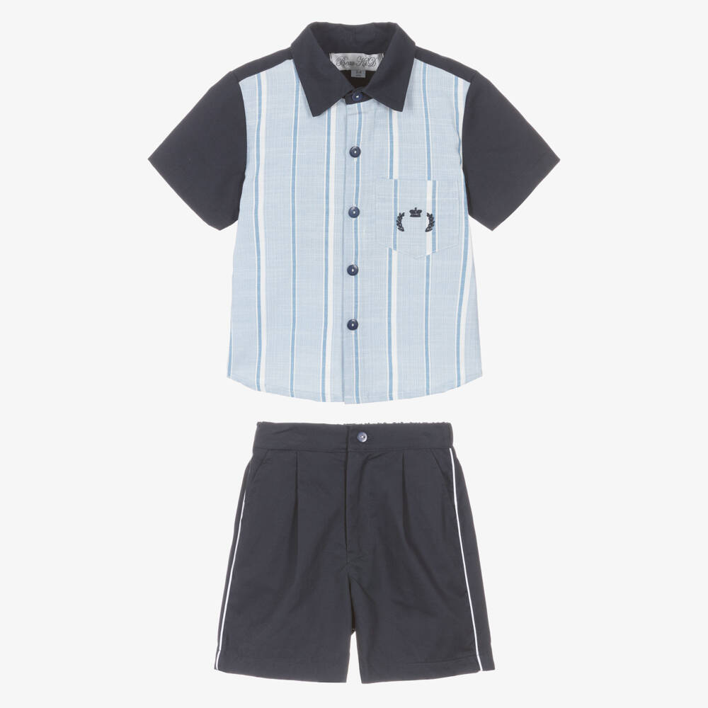Beau KiD-Boys Blue Cotton Shirt & Shorts Set with Stripes | Childrensalon
