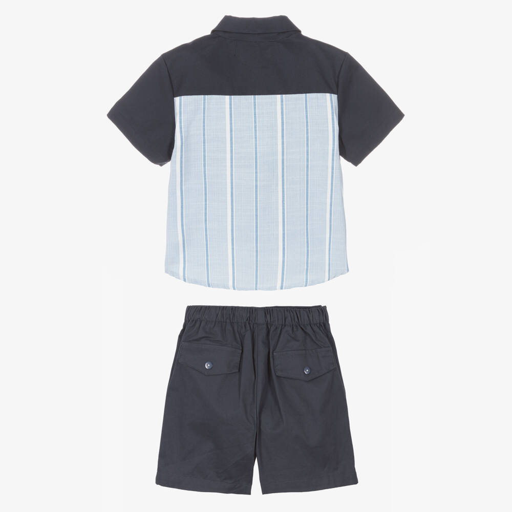Beau KiD-Boys Blue Cotton Shirt & Shorts Set with Stripes | Childrensalon