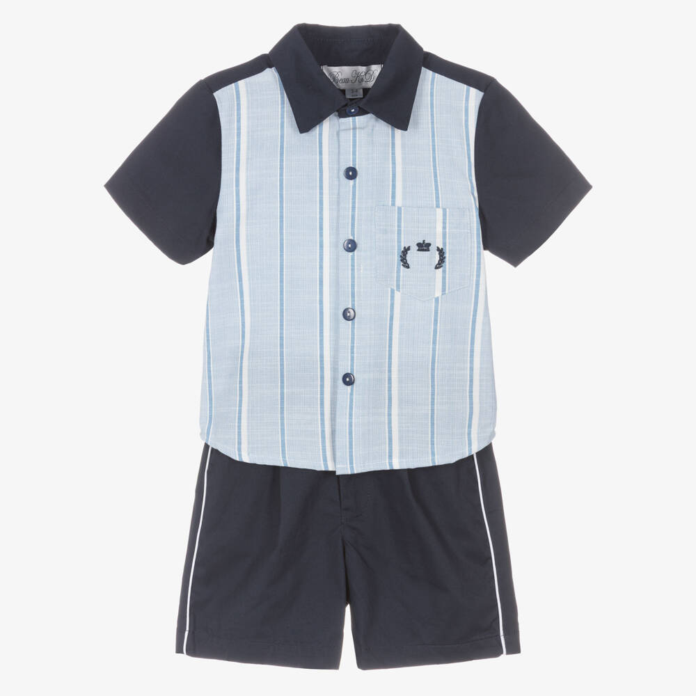 Beau KiD-Boys Blue Cotton Shirt & Shorts Set with Stripes | Childrensalon