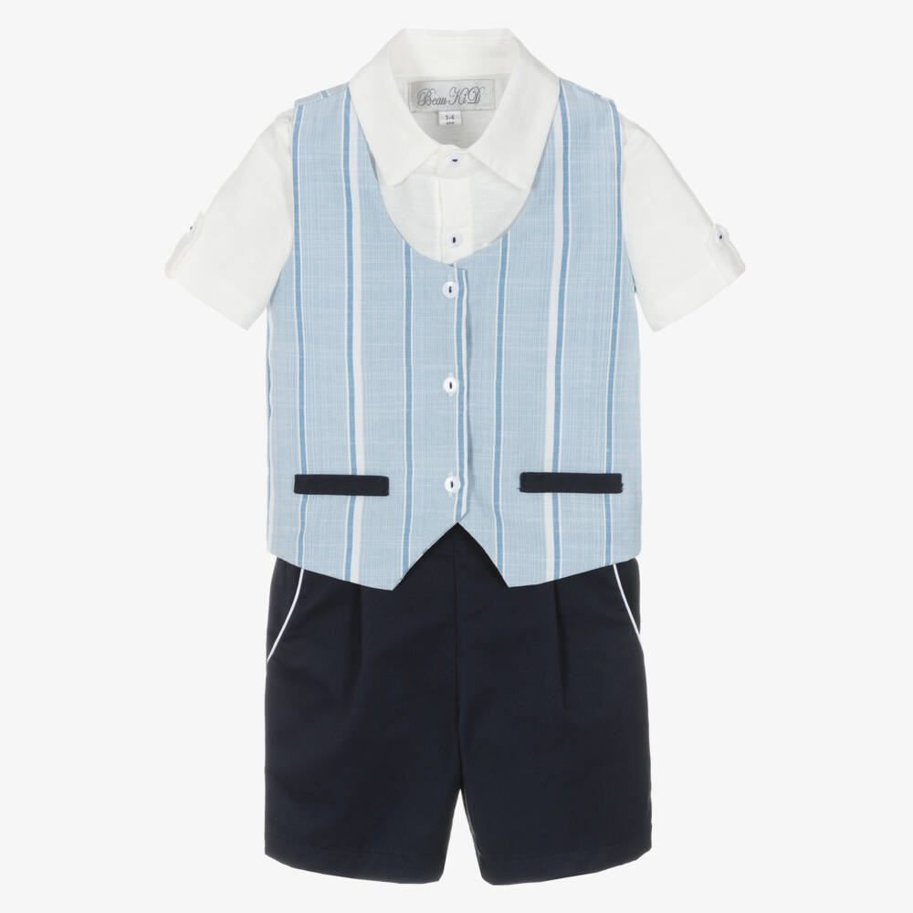 Beau KiD-Boys Blue Cotton Shorts Set with Striped Waistcoat | Childrensalon