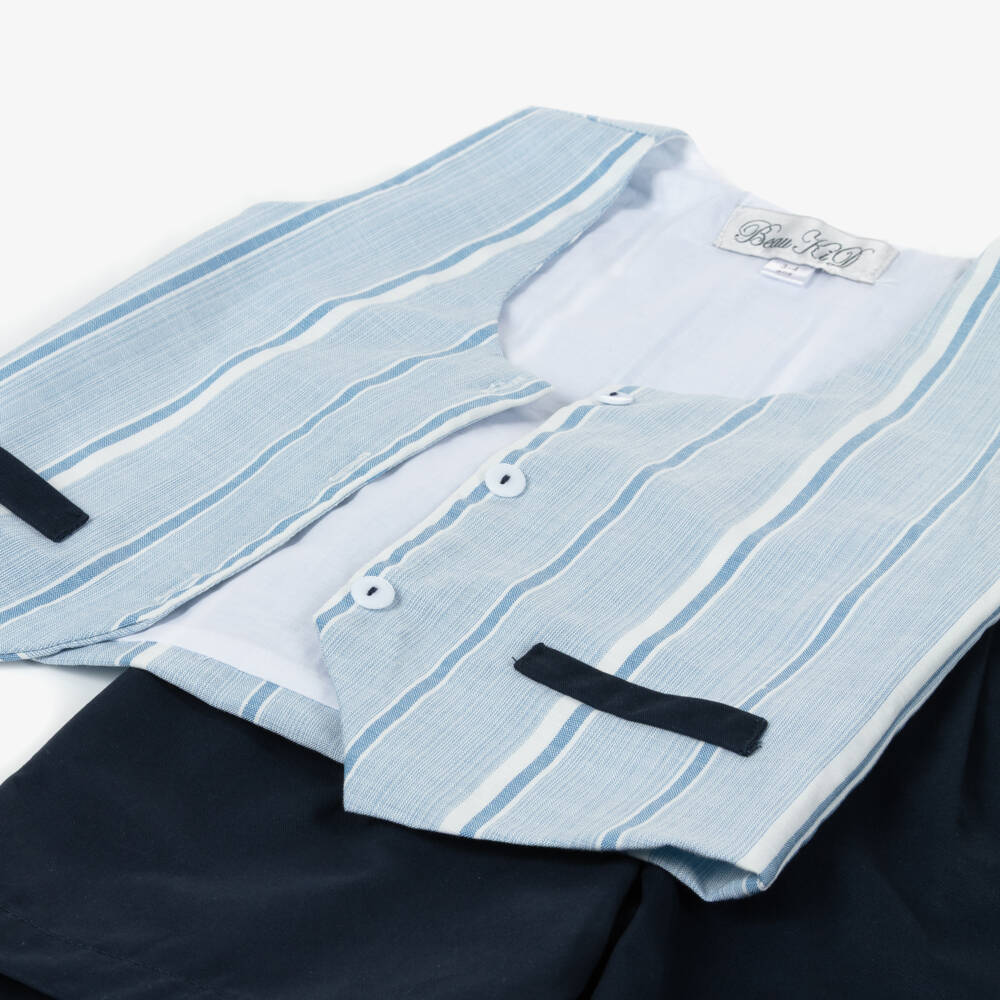 Beau KiD-Boys Blue Cotton Shorts Set with Striped Waistcoat | Childrensalon