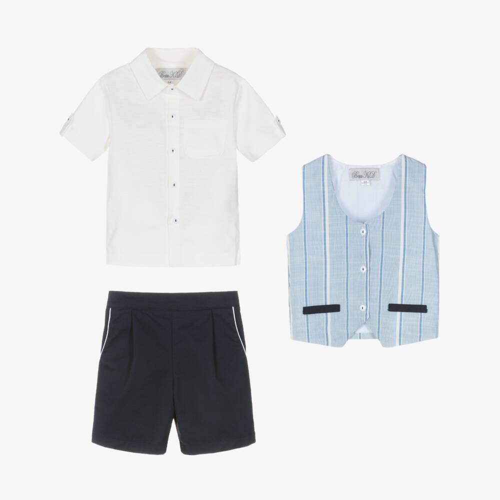 Beau KiD-Boys Blue Cotton Shorts Set with Striped Waistcoat | Childrensalon