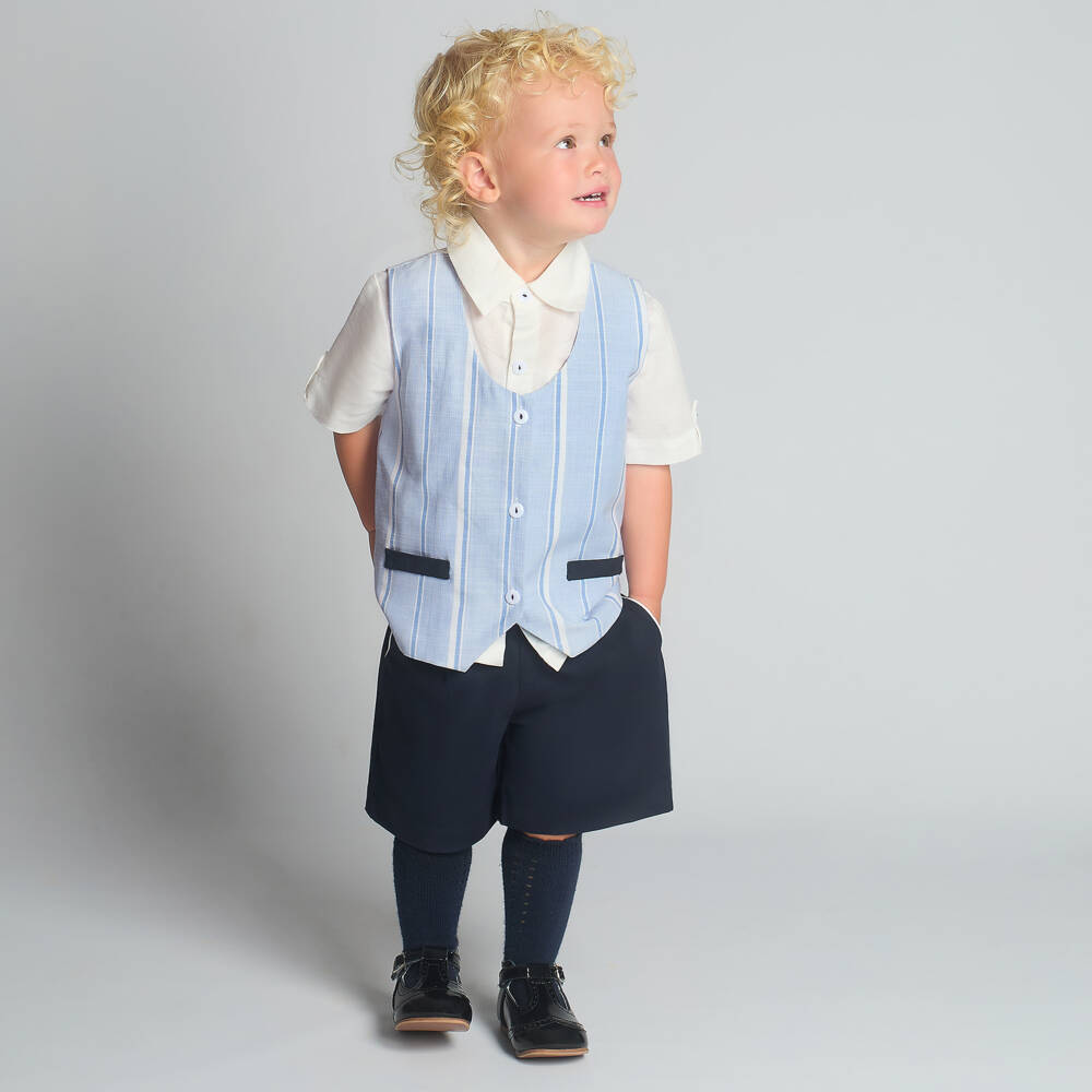 Beau KiD-Boys Blue Cotton Shorts Set with Striped Waistcoat | Childrensalon