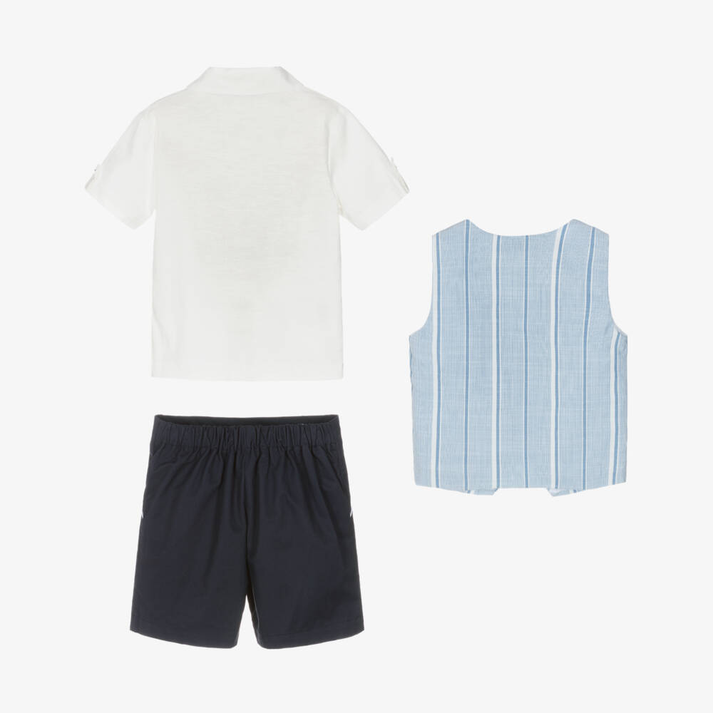Beau KiD-Boys Blue Cotton Shorts Set with Striped Waistcoat | Childrensalon