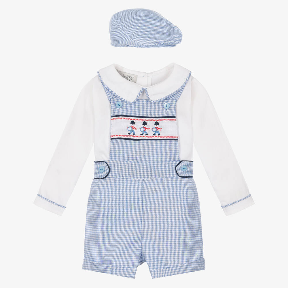 Beau KiD-Boys Blue Houndstooth Cap & Dungaree Set | Childrensalon