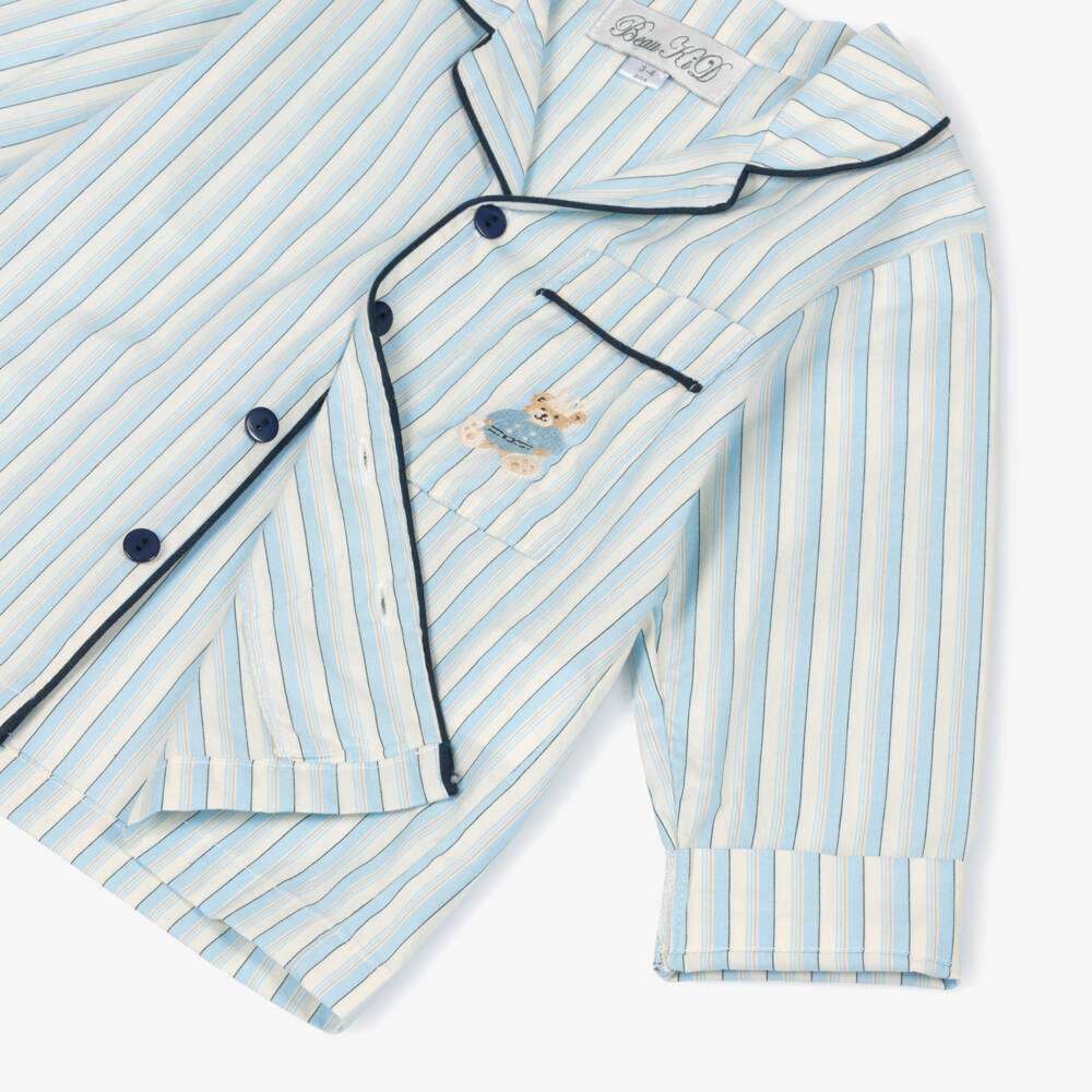 Beau KiD-Boys Blue Striped Cotton Pyjamas with Embroidered Teddy Bear | Childrensalon