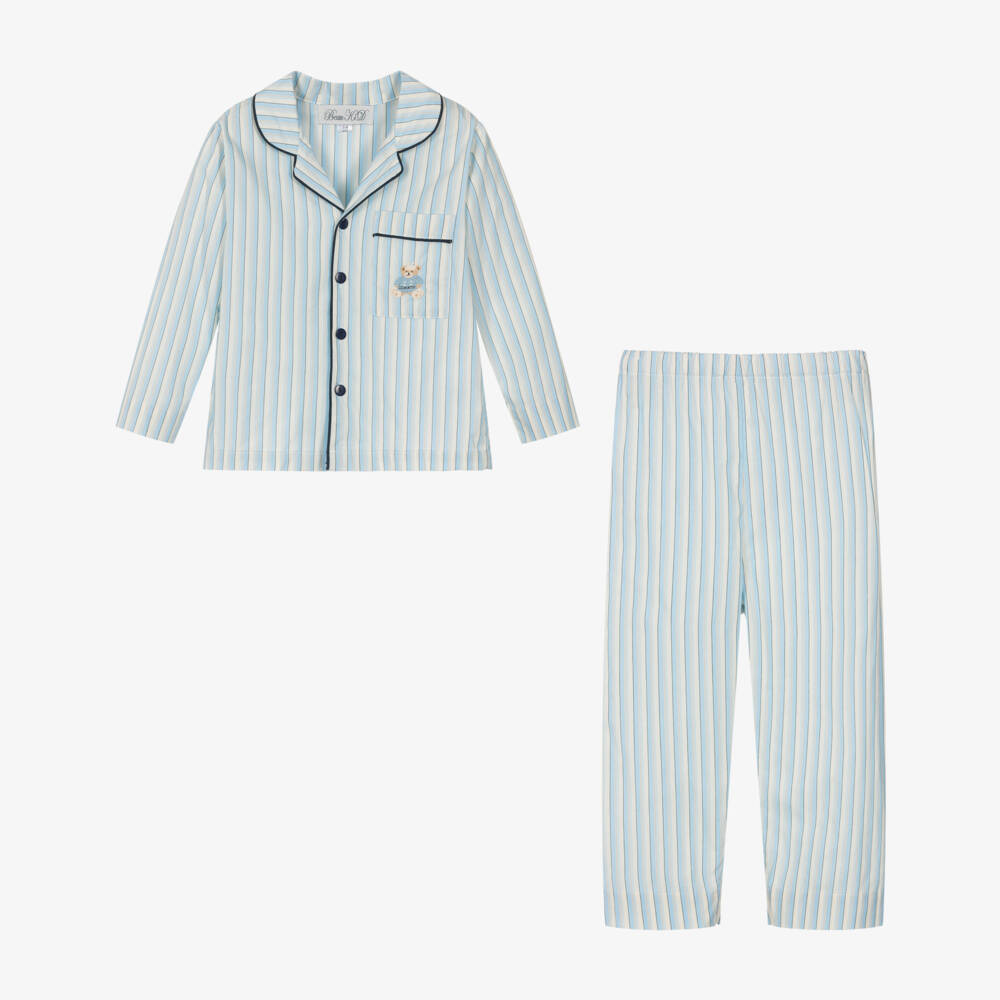 Beau KiD-Boys Blue Striped Cotton Pyjamas with Embroidered Teddy Bear | Childrensalon