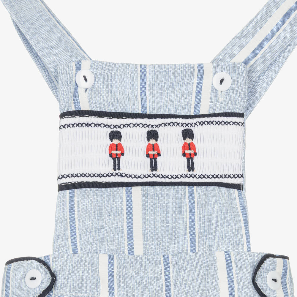 Beau KiD-Boys Blue & White Cotton Embroidered Soldiers Dungarees Set | Childrensalon