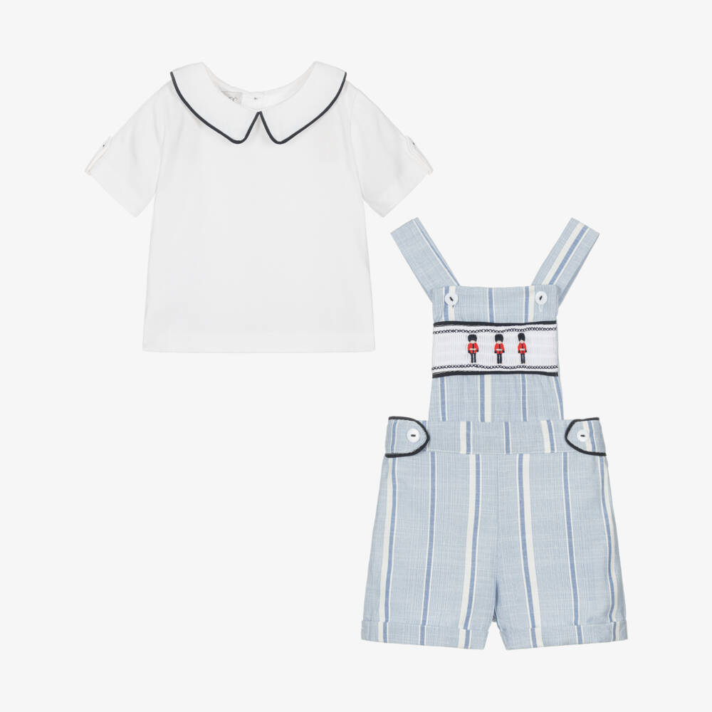 Beau KiD-Boys Blue & White Cotton Embroidered Soldiers Dungarees Set | Childrensalon