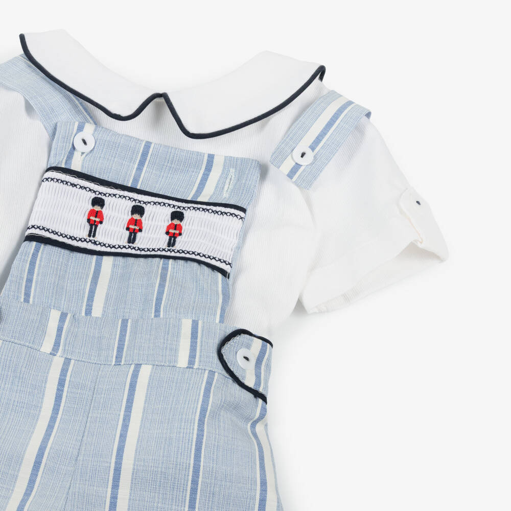 Beau KiD-Boys Blue & White Cotton Embroidered Soldiers Dungarees Set | Childrensalon