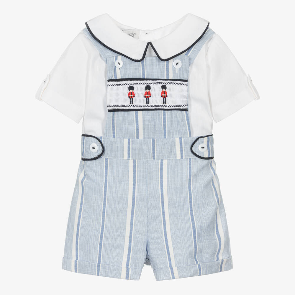 Beau KiD-Boys Blue & White Cotton Embroidered Soldiers Dungarees Set | Childrensalon