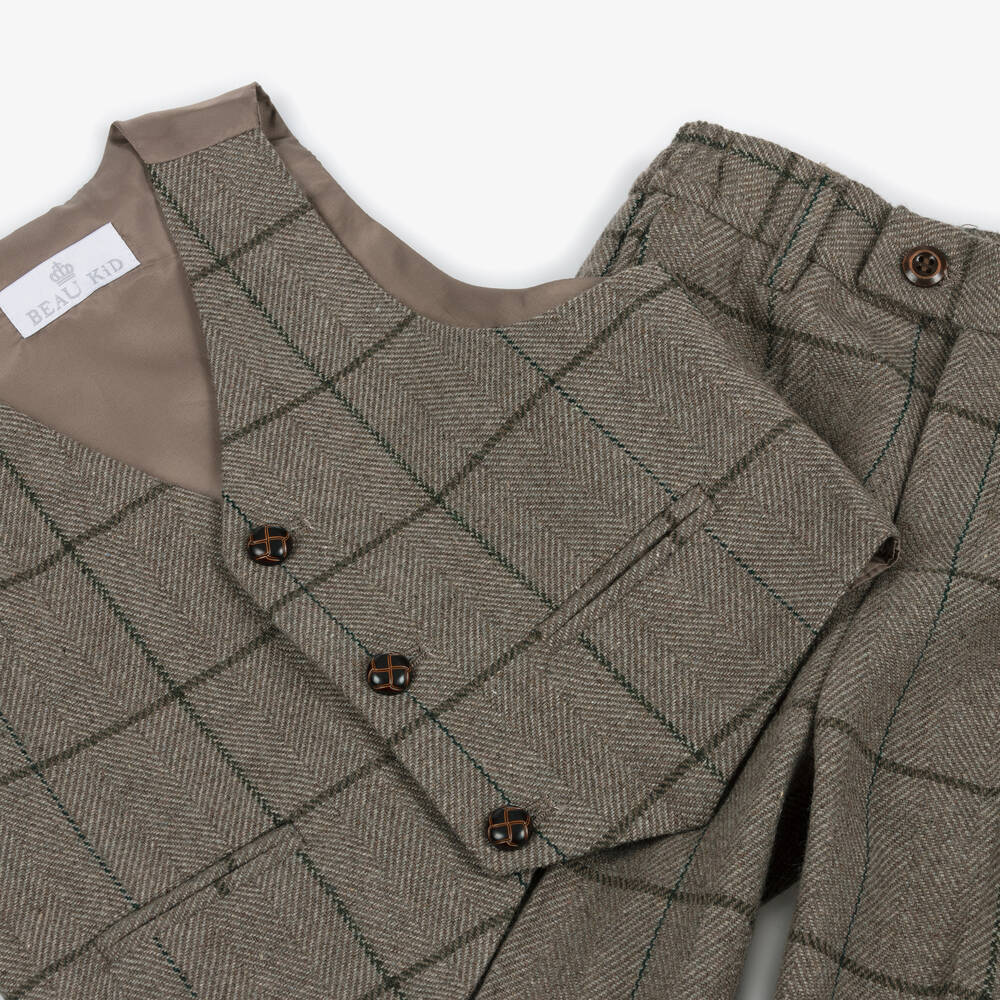 Beau KiD-بدلة كاروهات لون بني للأولاد (3 قطع) | Childrensalon