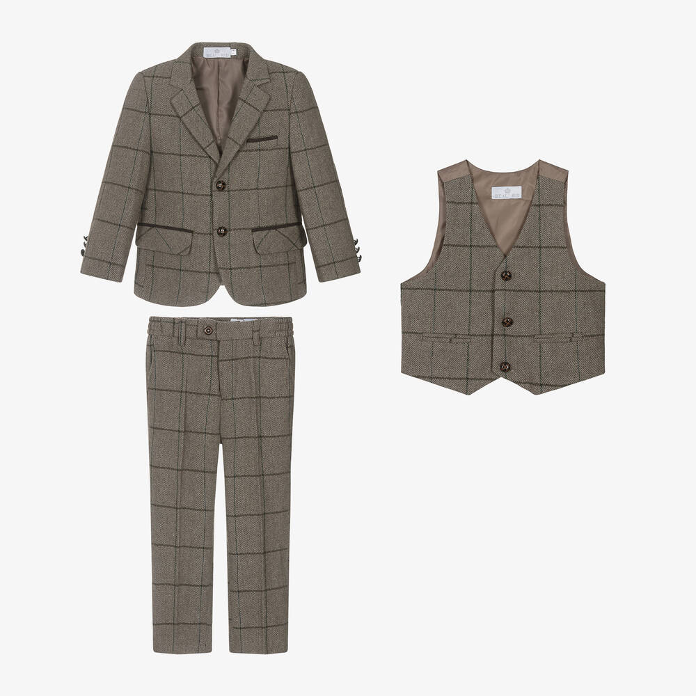 Beau KiD-بدلة كاروهات لون بني للأولاد (3 قطع) | Childrensalon