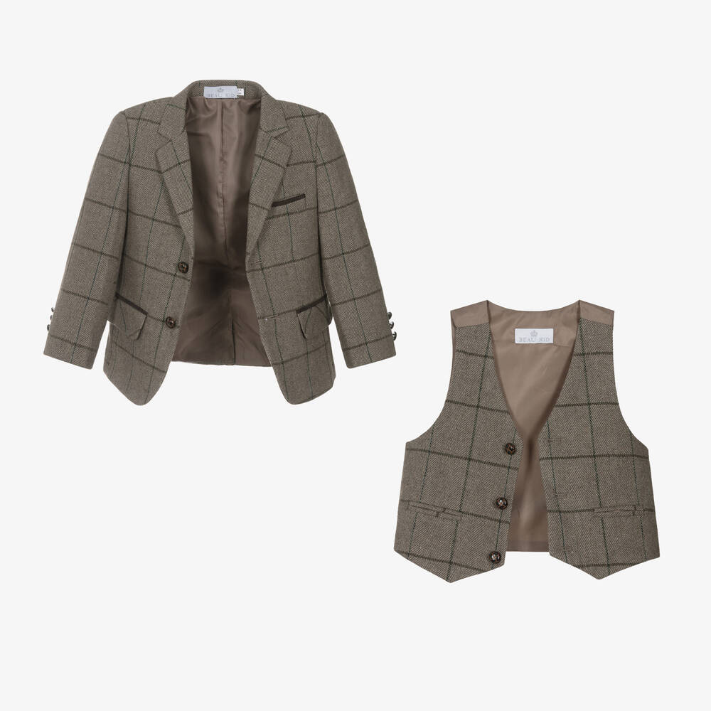 Beau KiD-بدلة كاروهات لون بني للأولاد (3 قطع) | Childrensalon