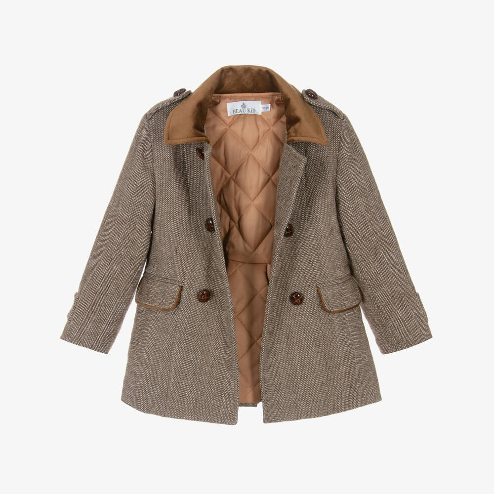 Beau KiD-Boys Brown Houndstooth Coat & Hat Set | Childrensalon