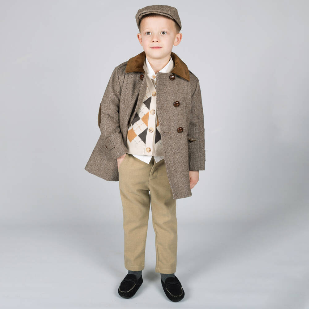 Beau KiD-Boys Brown Houndstooth Coat & Hat Set | Childrensalon