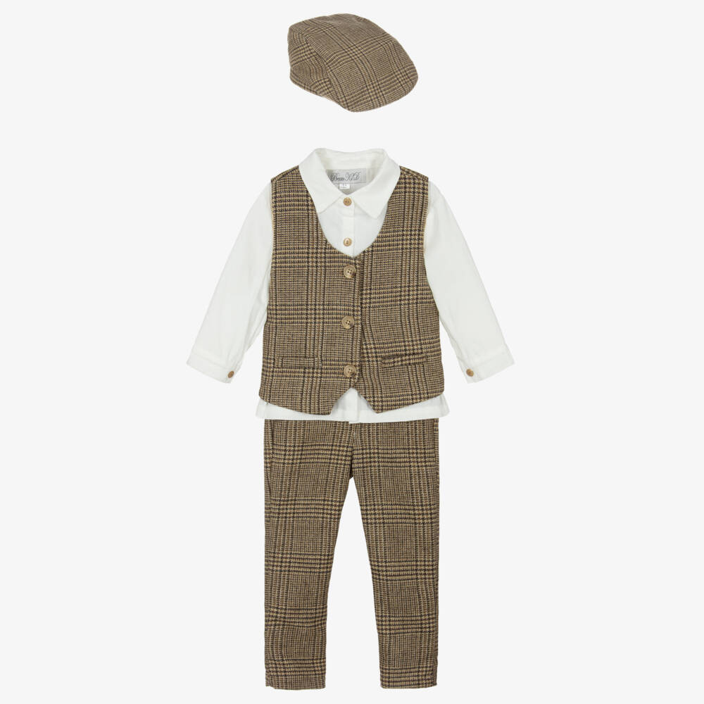 Beau KiD-Boys Brown & Ivory Checked Trouser Set | Childrensalon