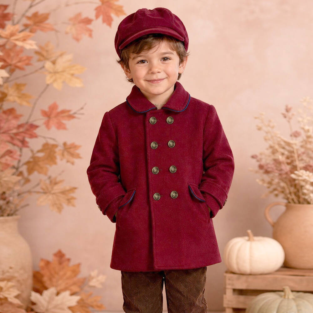 Beau KiD-Boys Dark Red Coat & Flat Cap Set | Childrensalon
