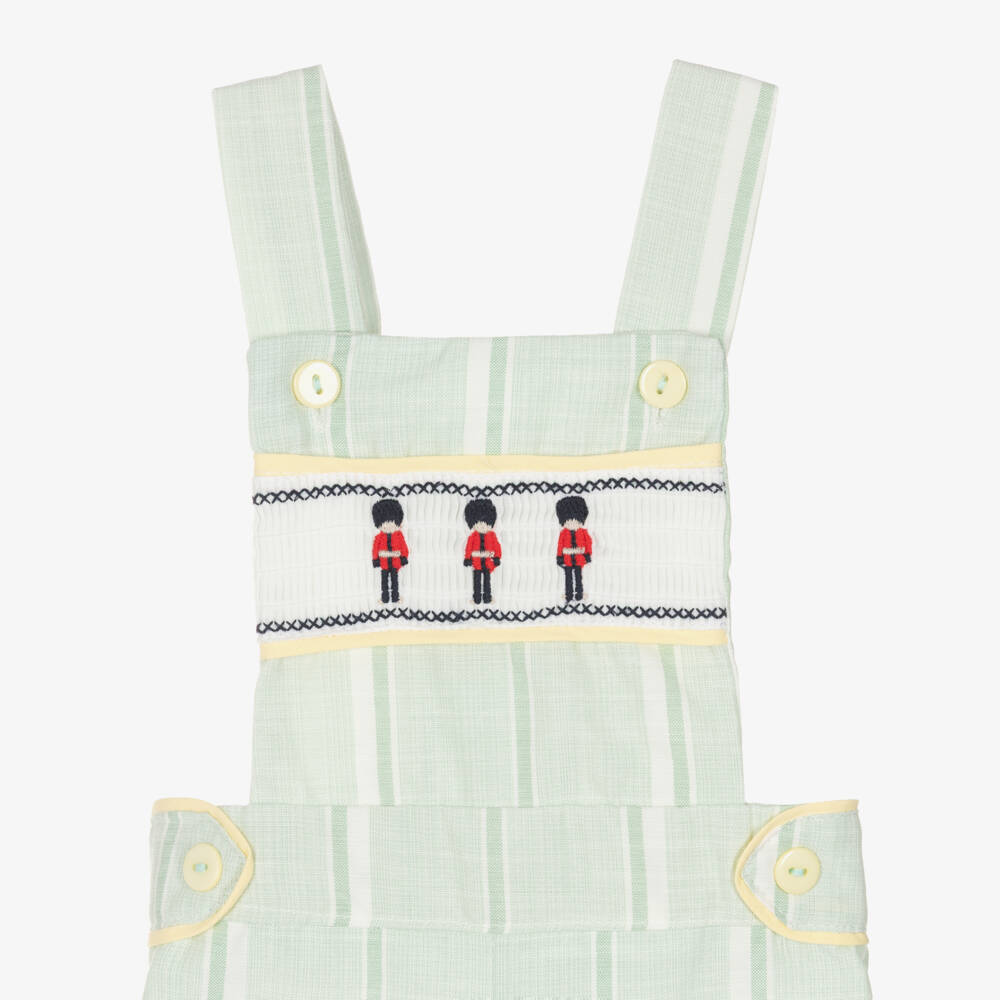 Beau KiD-Boys Green & White Cotton Embroidered Soldiers Dungarees Set | Childrensalon