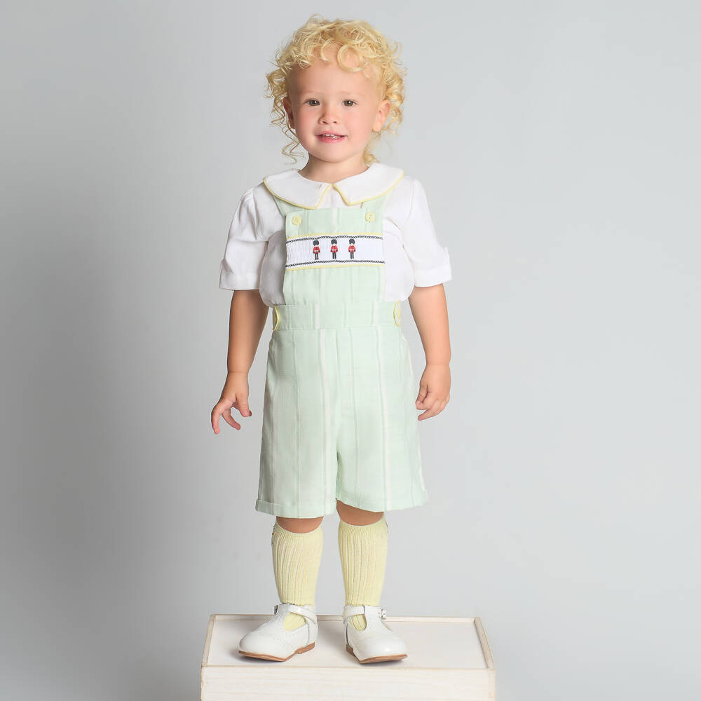 Beau KiD-Boys Green & White Cotton Embroidered Soldiers Dungarees Set | Childrensalon