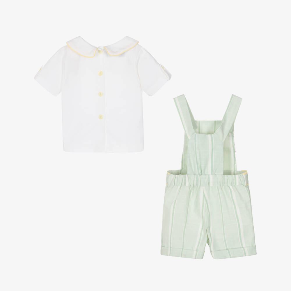 Beau KiD-Boys Green & White Cotton Embroidered Soldiers Dungarees Set | Childrensalon