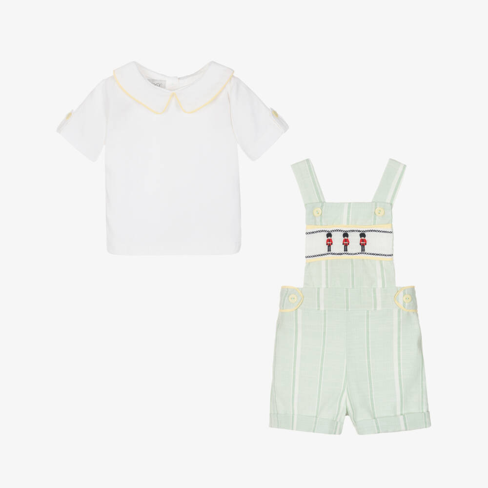 Beau KiD-Boys Green & White Cotton Embroidered Soldiers Dungarees Set | Childrensalon