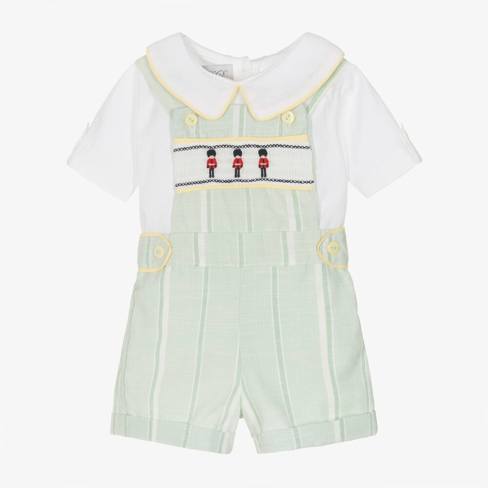 Beau KiD-Boys Green & White Cotton Embroidered Soldiers Dungarees Set | Childrensalon