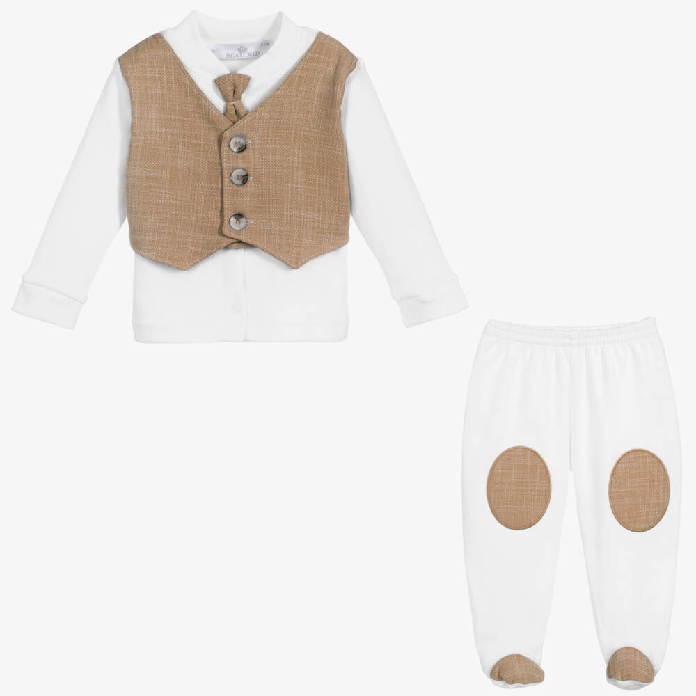 Beau KiD-Boys Ivory & Beige Babysuit Set | Childrensalon