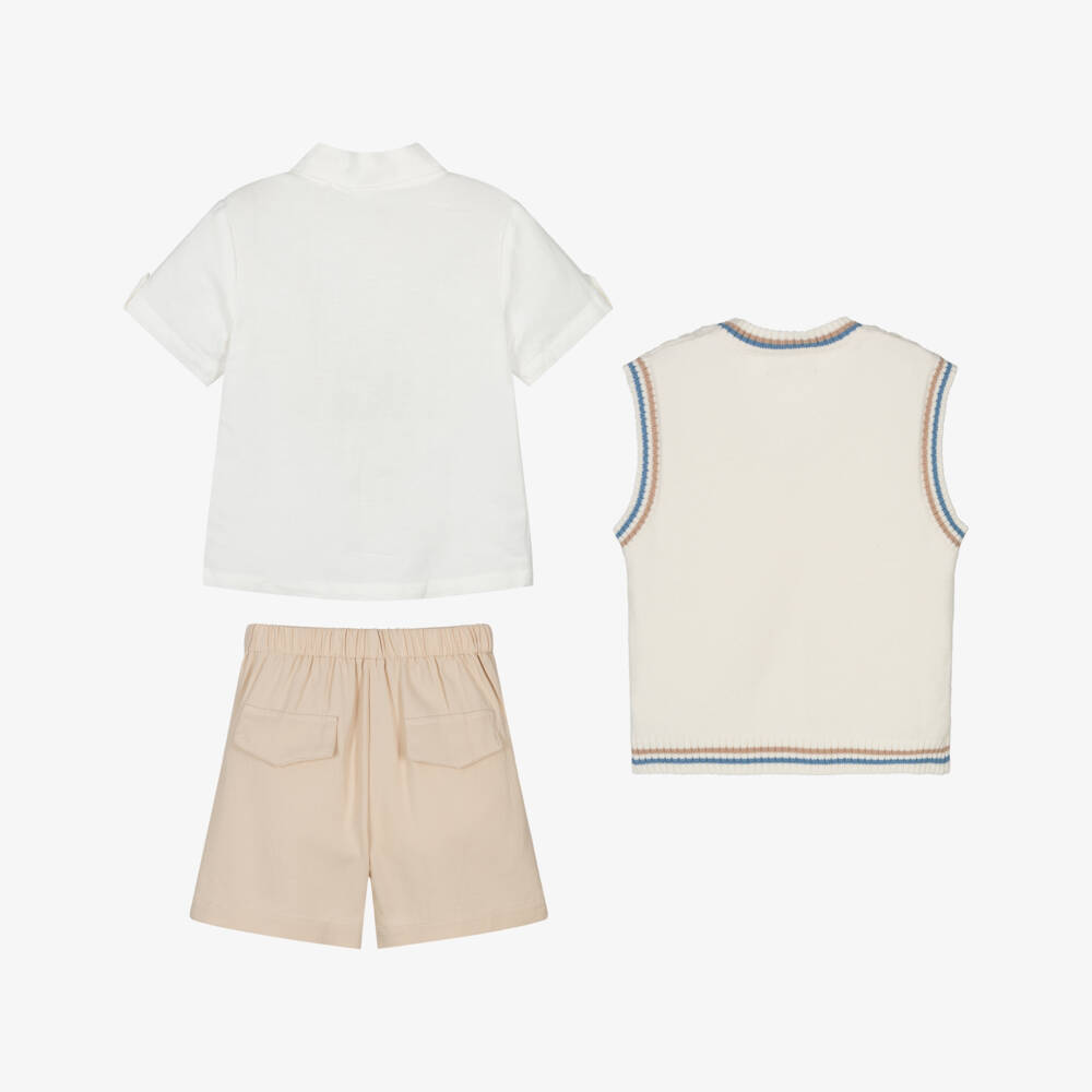 Beau KiD-Boys Ivory & Beige Cotton Shorts Set | Childrensalon
