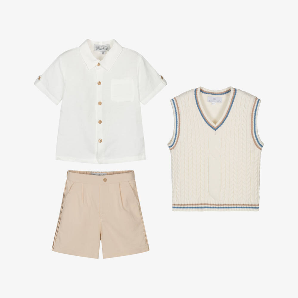 Beau KiD-Boys Ivory & Beige Cotton Shorts Set | Childrensalon