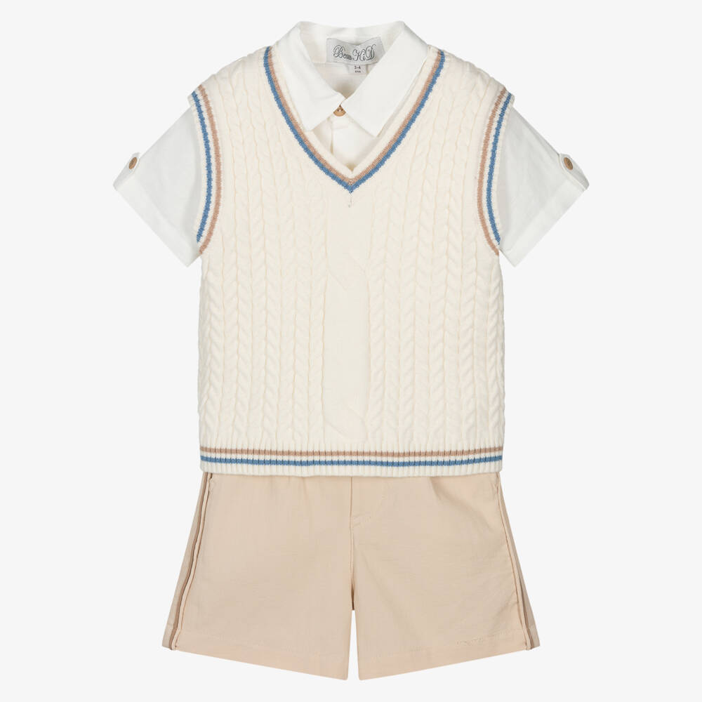 Beau KiD-Boys Ivory & Beige Cotton Shorts Set | Childrensalon