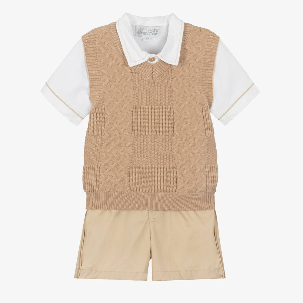 Beau KiD-Boys Ivory & Beige Shorts Set | Childrensalon