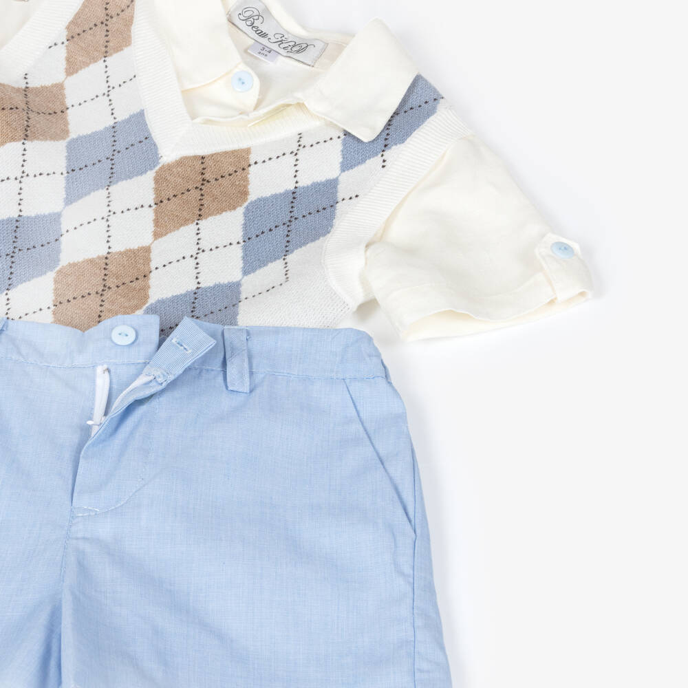 Beau KiD-Boys Ivory & Blue Shorts Set with Argyle Knit Vest | Childrensalon