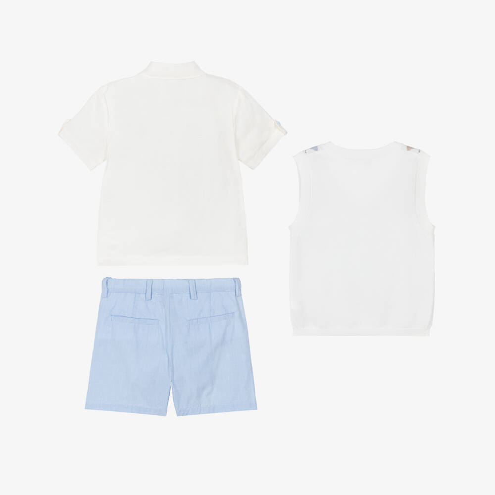 Beau KiD-Boys Ivory & Blue Shorts Set with Argyle Knit Vest | Childrensalon
