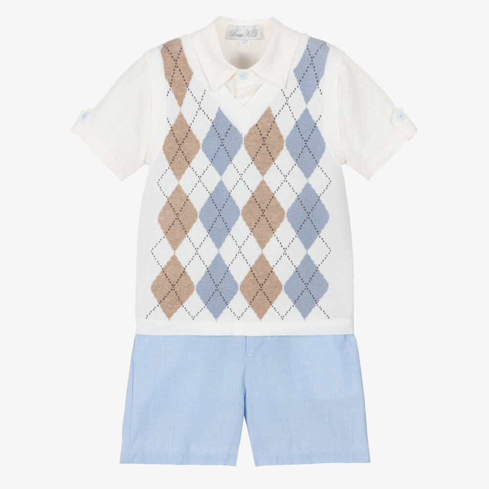 Beau KiD-Boys Ivory & Blue Shorts Set with Argyle Knit Vest | Childrensalon