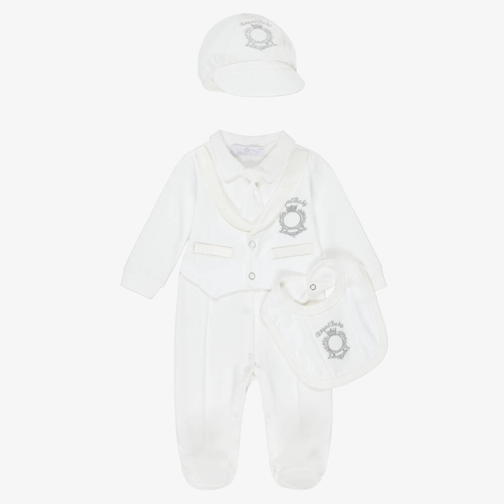Beau KiD-Boys Ivory Cotton Crest Babysuit Set | Childrensalon
