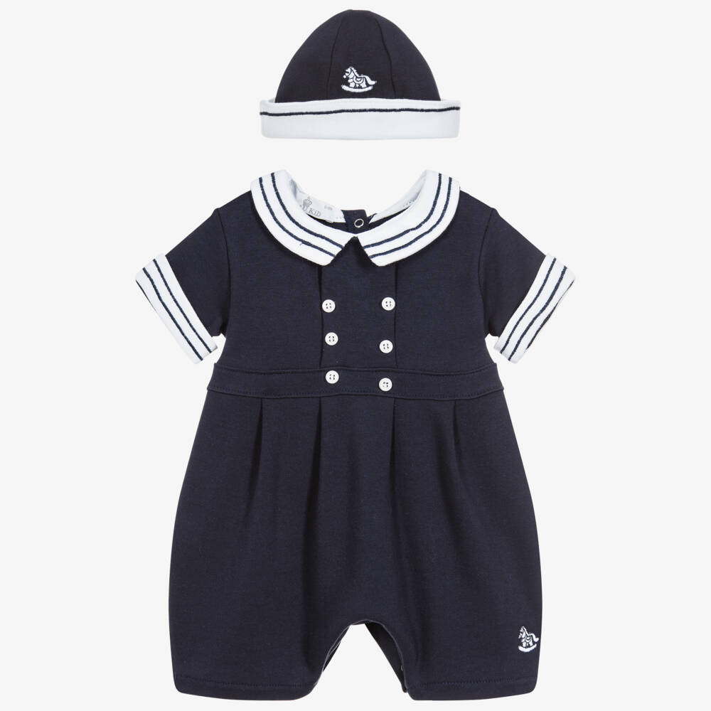 Beau KiD-Boys Navy Blue Cotton Embroidered Babysuit Set | Childrensalon