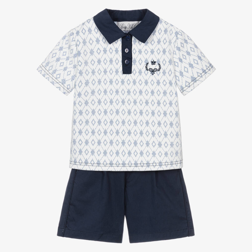 Beau KiD-Boys Navy Blue Cotton Polo Shirt & Shorts Set | Childrensalon