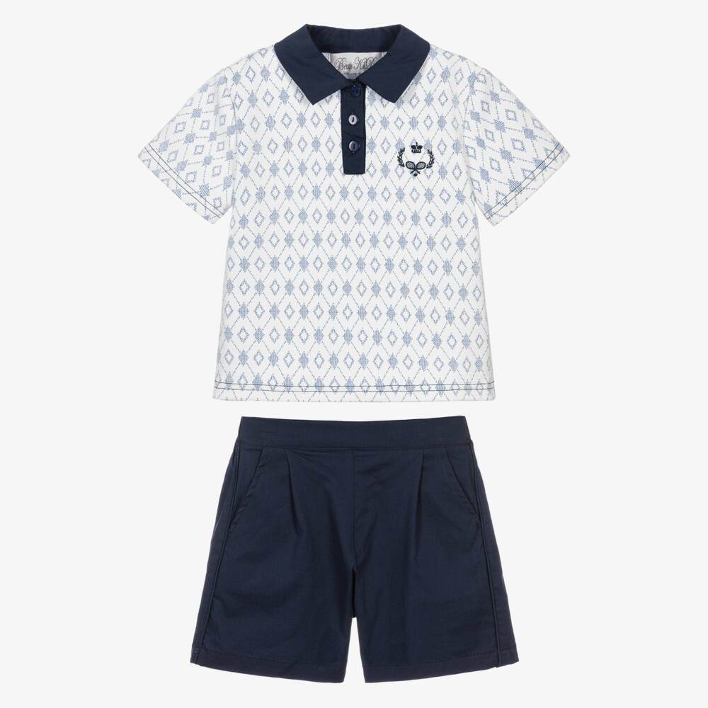 Beau KiD-Boys Navy Blue Cotton Polo Shirt & Shorts Set | Childrensalon