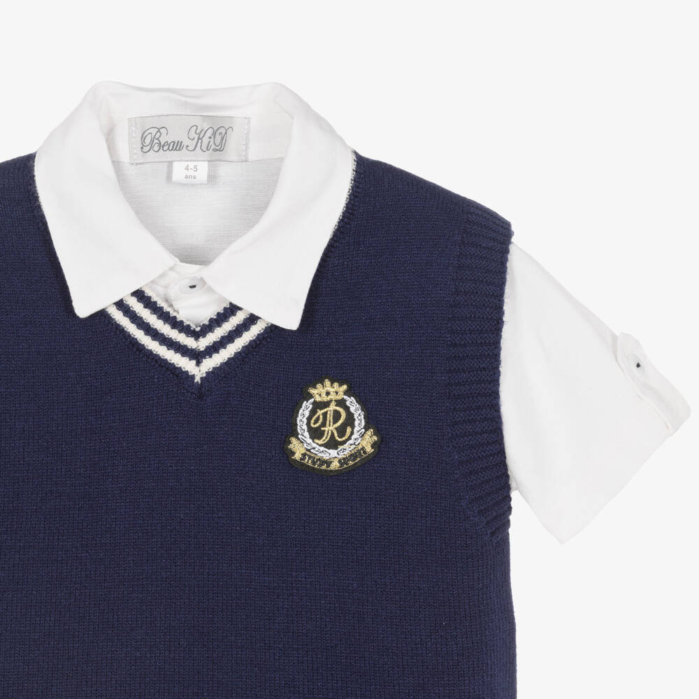 Beau KiD-Boys Navy Blue Slip-Over & Cotton Shorts Set | Childrensalon