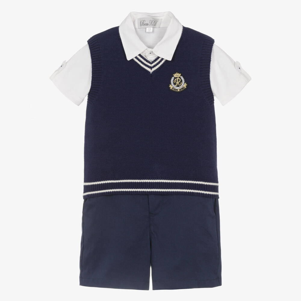 Beau KiD-Boys Navy Blue Slip-Over & Cotton Shorts Set | Childrensalon
