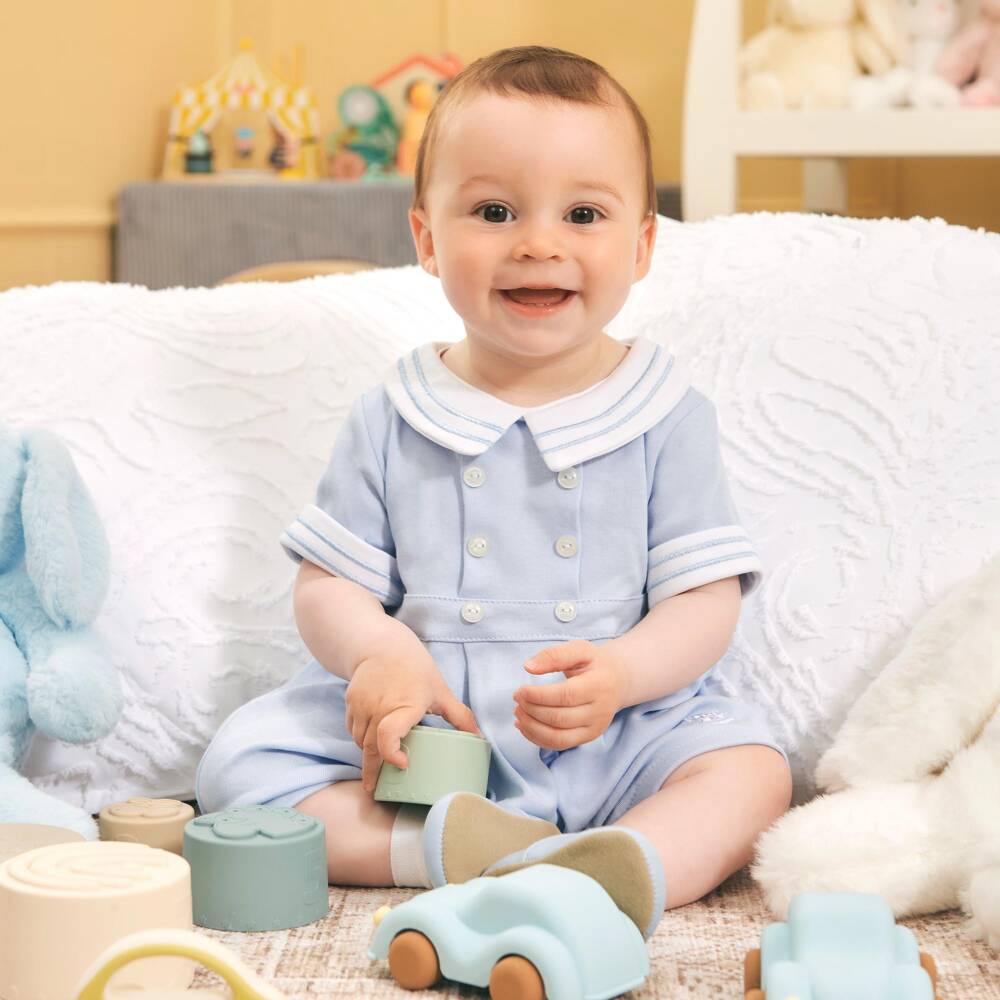 Beau KiD-Boys Pale Blue Cotton Embroidered Babysuit Set | Childrensalon