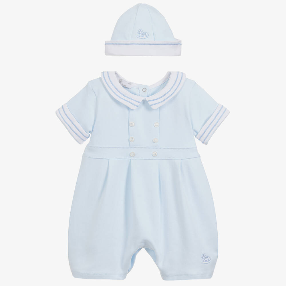 Beau KiD-Boys Pale Blue Cotton Embroidered Babysuit Set | Childrensalon
