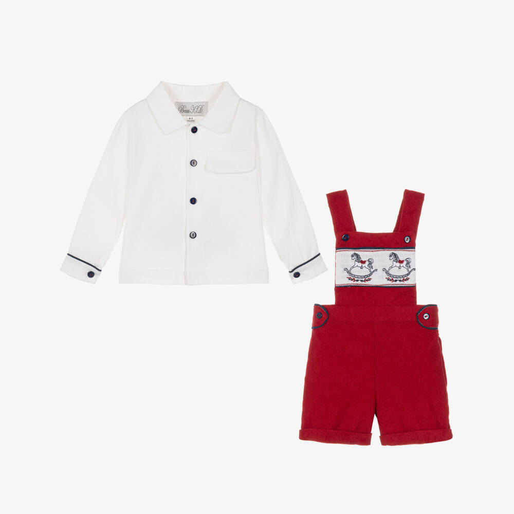 Beau KiD-Boys Red Dungaree Shorts Set with Rocking Horse Motifs | Childrensalon