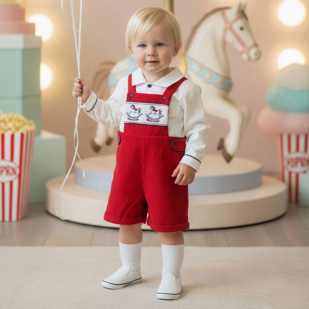 Beau KiD-Boys Red Dungaree Shorts Set with Rocking Horse Motifs | Childrensalon