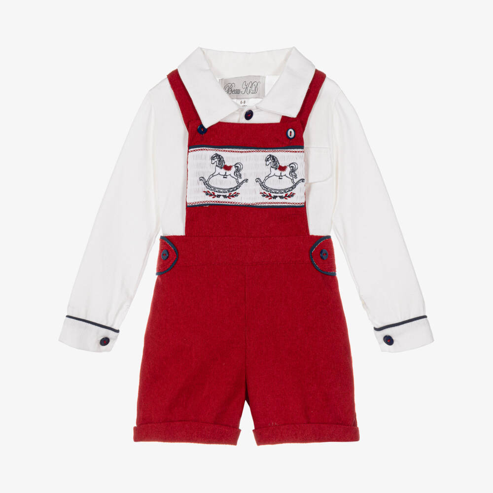 Beau KiD-Boys Red Dungaree Shorts Set with Rocking Horse Motifs | Childrensalon