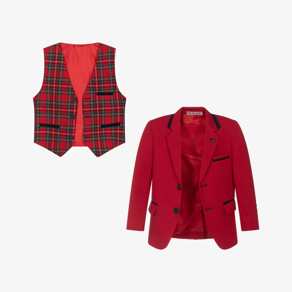 Beau KiD-بدلة قطن مع حزام وربطة عنق لون أحمر وكحلي للأولاد | Childrensalon