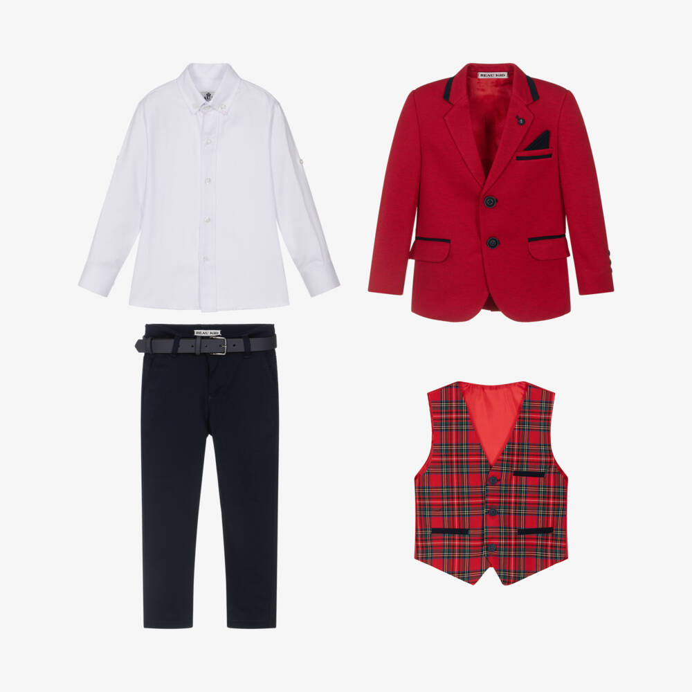 Beau KiD-بدلة قطن مع حزام وربطة عنق لون أحمر وكحلي للأولاد | Childrensalon