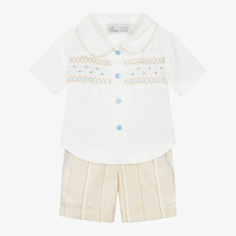 Beau KiD-Boys White & Beige Cotton Shorts Set with Smocking | Childrensalon