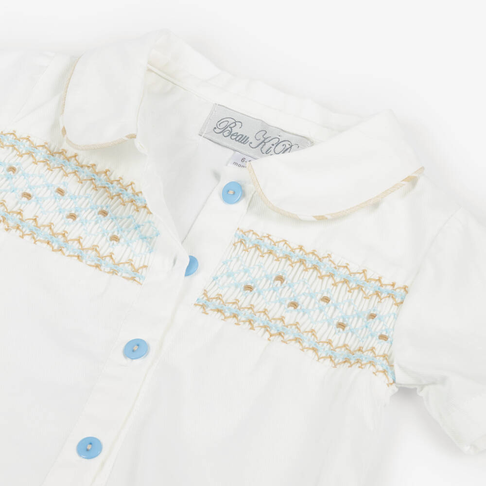 Beau KiD-Boys White & Beige Cotton Shorts Set with Smocking | Childrensalon